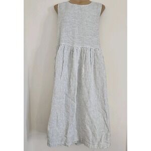 Offon Linen Midi White Black Pinstripe Sleeveless Jumper Dress Size XXL